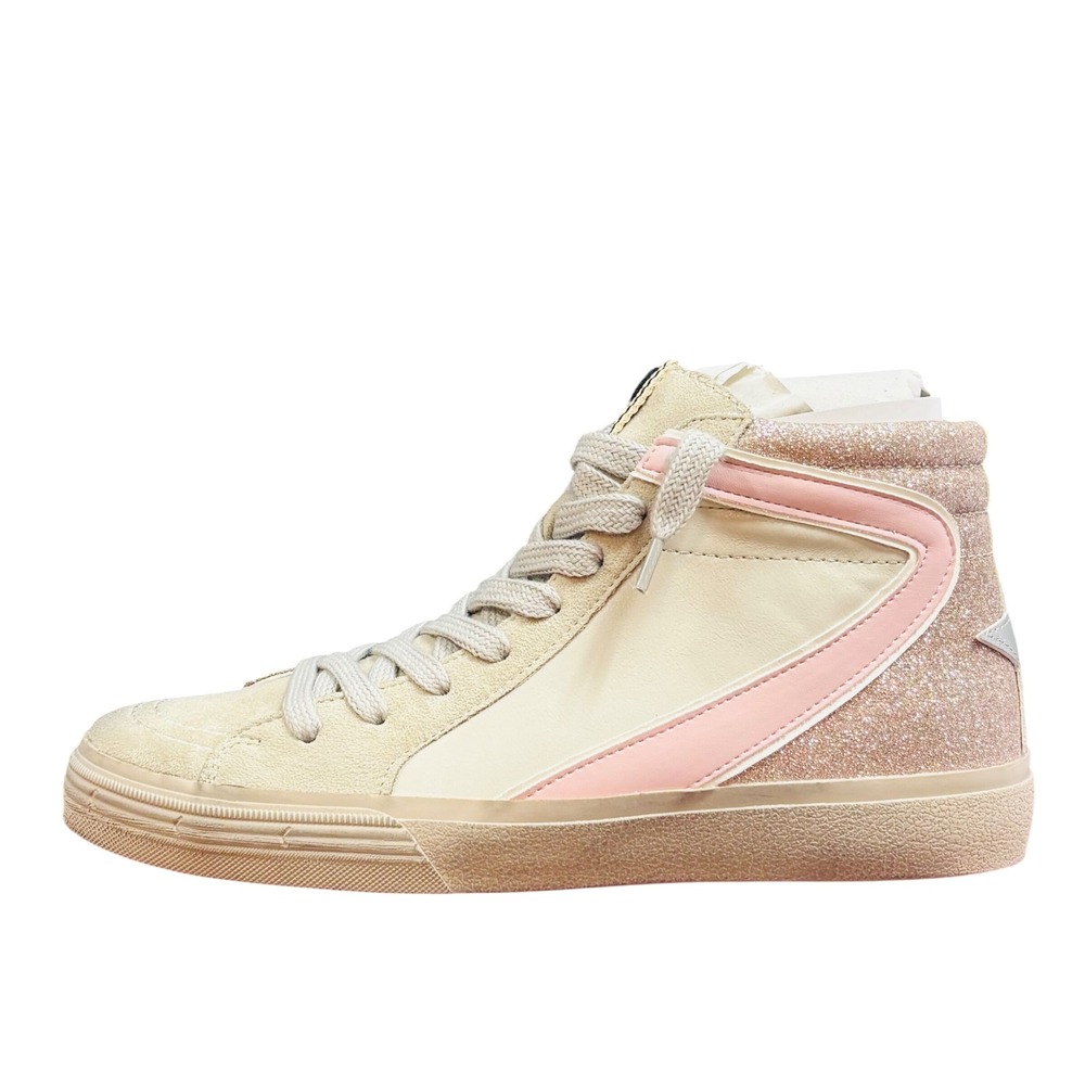 NEW Shu Shop Rooney High Top Sneakers Pink Glitter Star Cream Suede Women 9